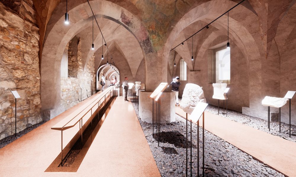 Siegerprojekt im Architekturwettbewerb rund um die Revitalisierung der Grazer Burg: Visualisierung der revitalisierten gotischen Einsäulenhalle als Ausstellungsraum. (Foto Expedit - Studio für Architektur)