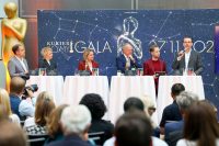 Pressekonferenz KURIER ROMY 2026: Markus Mörth, Viktoria Veider-Walser, Stefanie Groiss-Horowitz, Markus Freistätter, Richard Grasl, Georg Leyrer. (Foto KURIER)